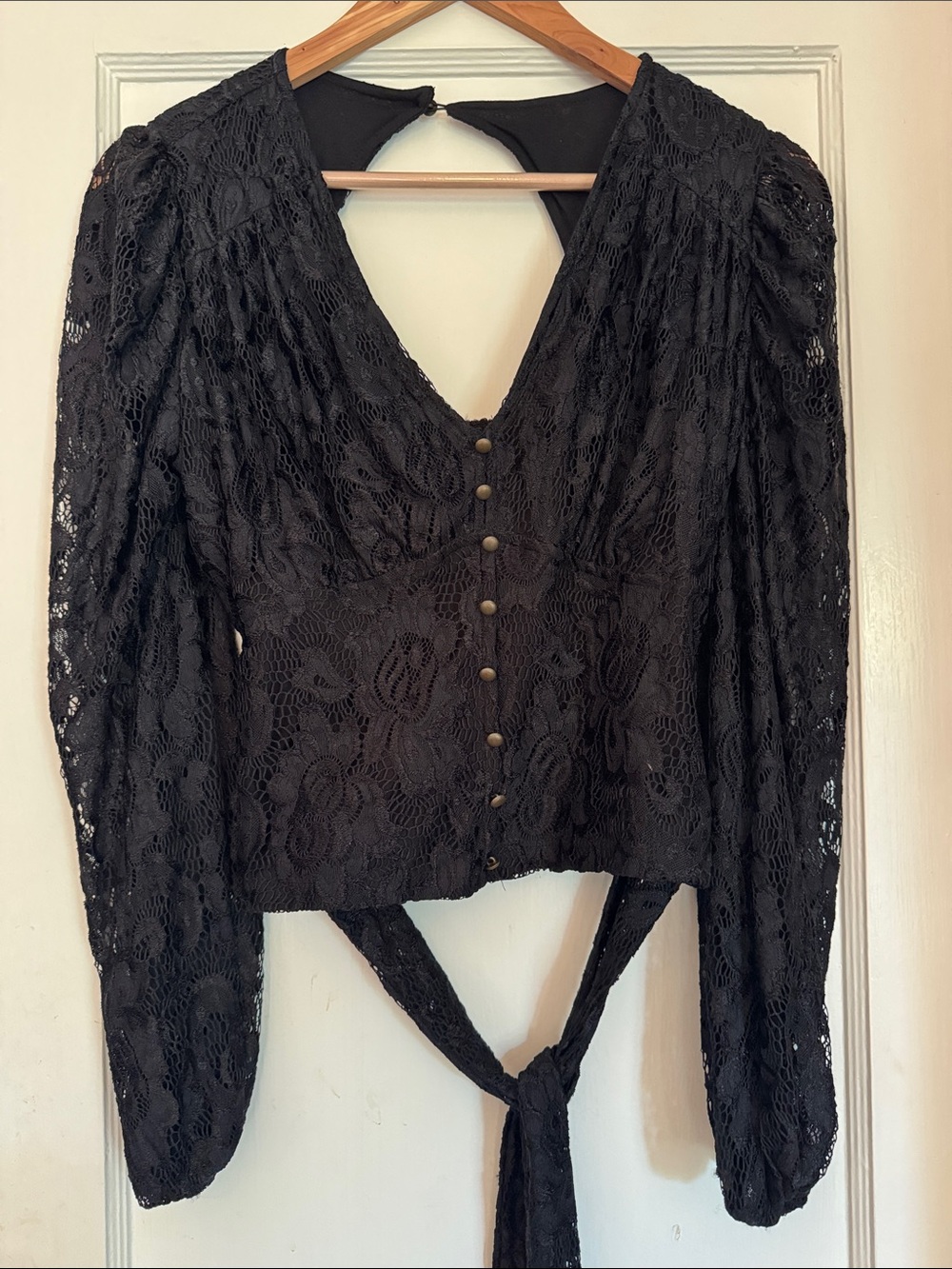 Anthropologie Black Floral Lace V-Neck Tie-Back Blouse